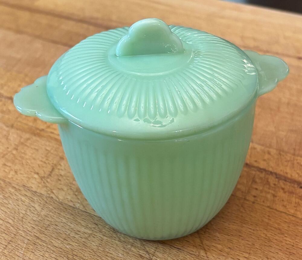 Vintage 1940s Fire-King Jadeite Alice Pattern Covered Sugar Bowl with Lid